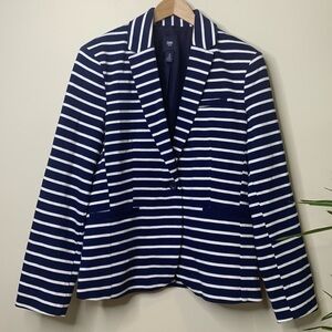 Gap | Classic Blue White Striped Knit One-Button Lined Single Breasted Blazer 10